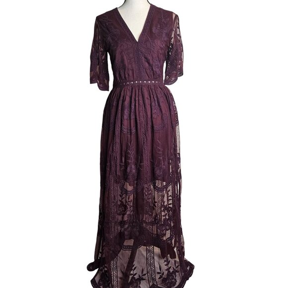 Lace Boho Maxi Dress Whimsigoth Fairy Holiday Christmas Burgundy Red Small - Picture 2 of 14